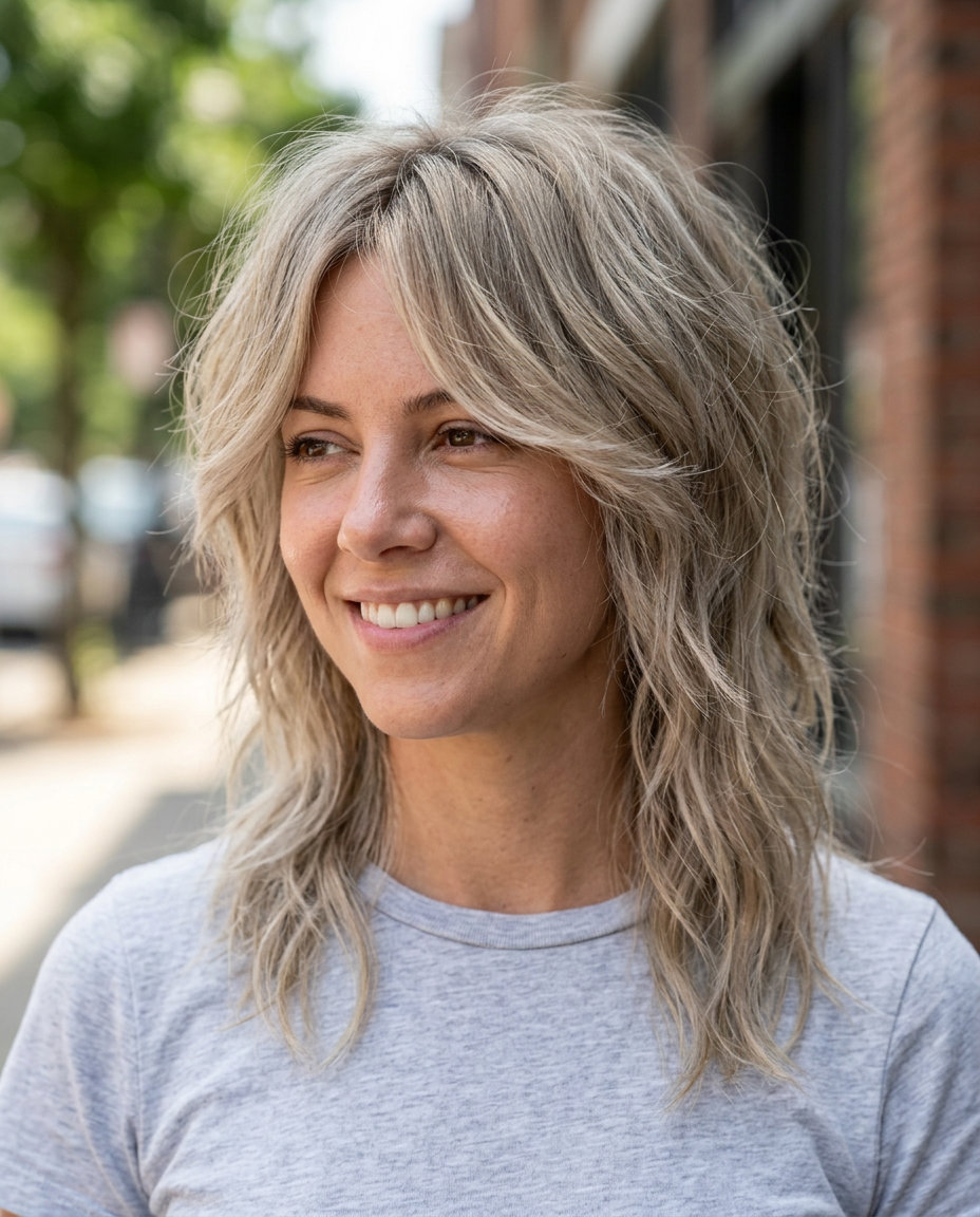 short shullet with cool ash blonde color, razored layers and no fringe for edgy vibes