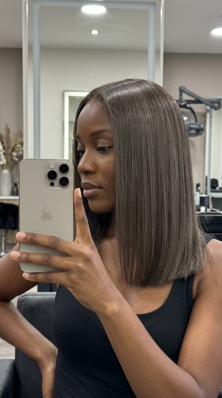 long ash brown hair color with glass gloss, high-shine finish for sophisticated professional looks
