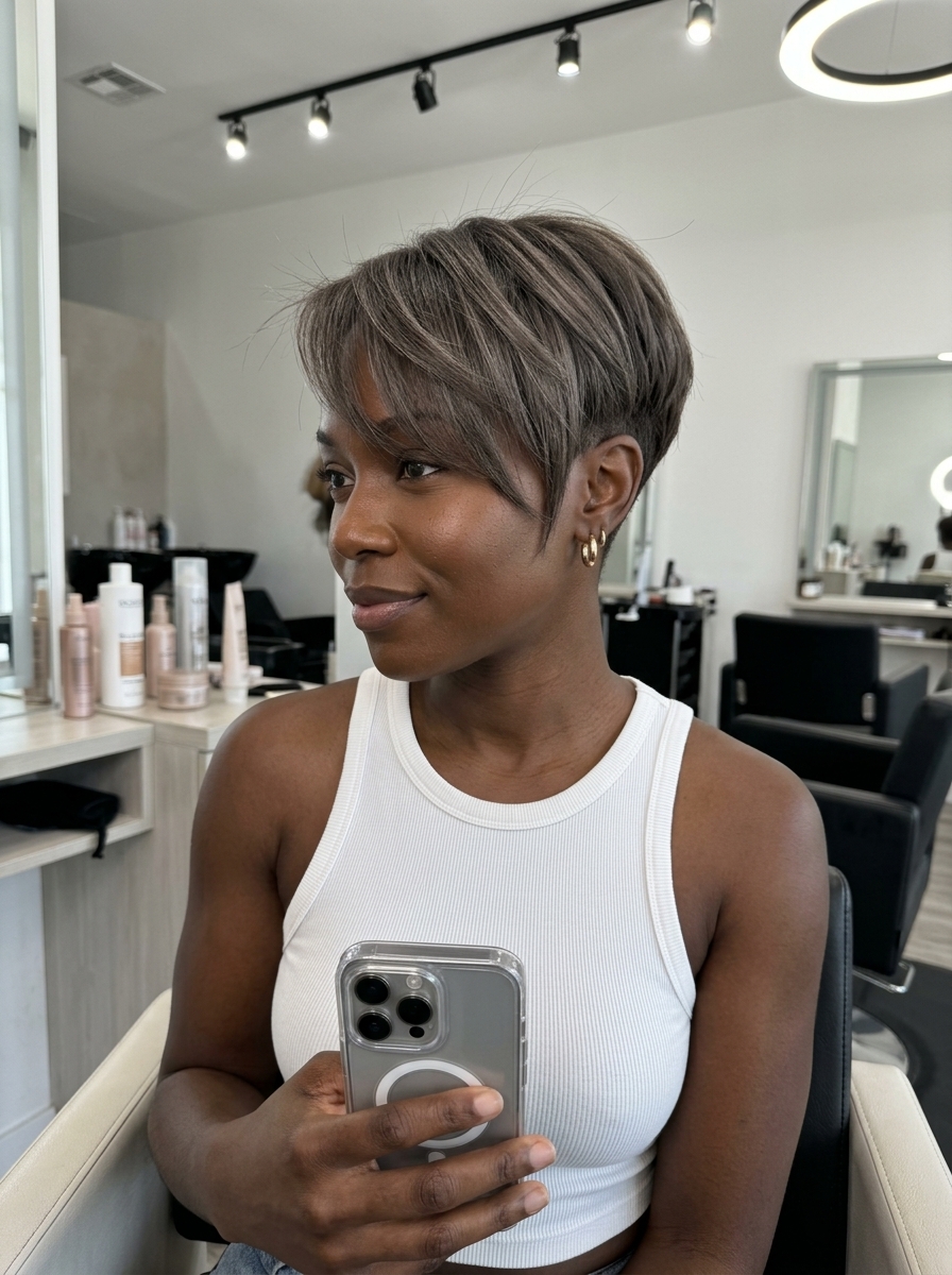 short sculpted pixie with cool ash brown, angled bangs, clipper fade — bold summer professional