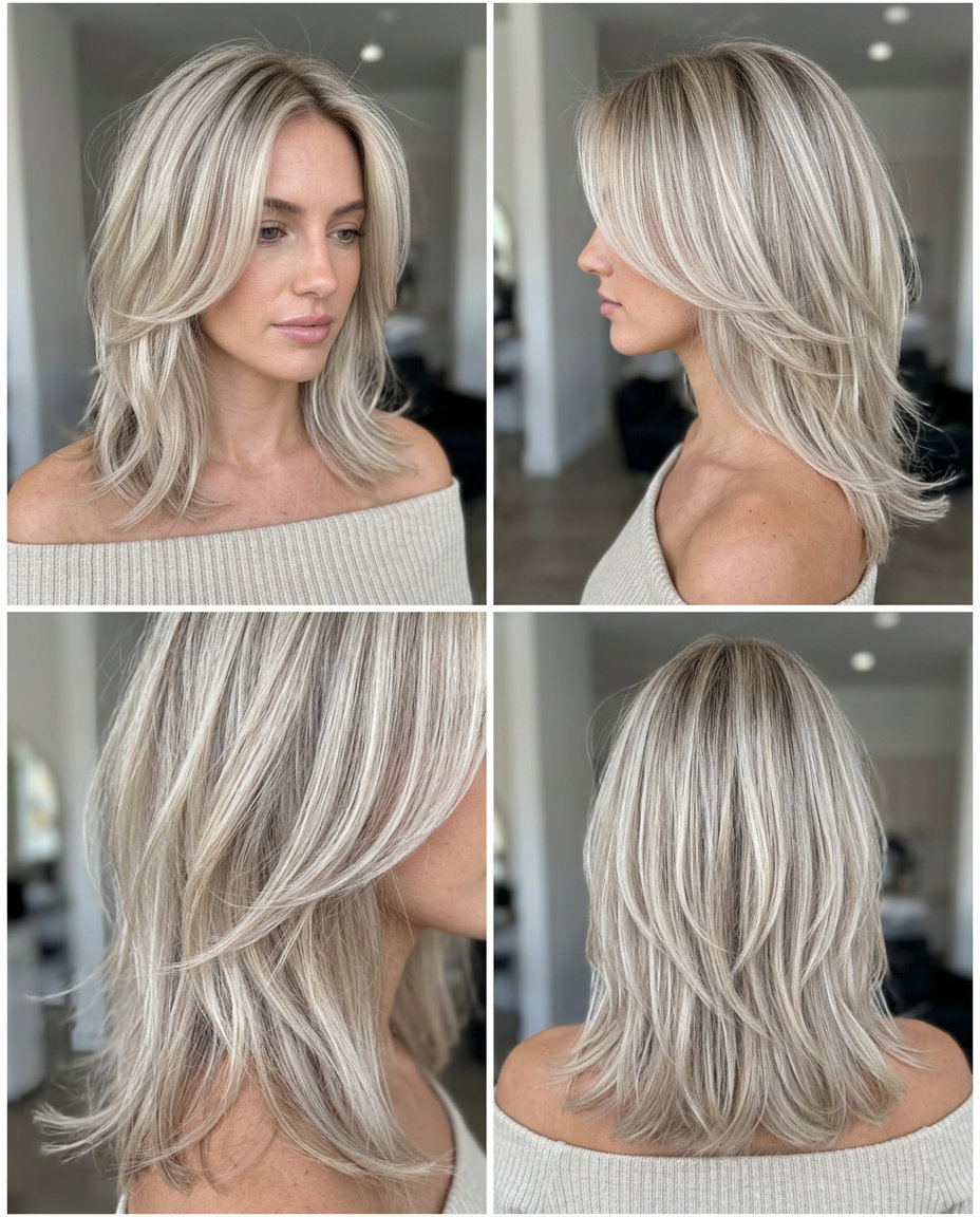 Air-Dried Scandi Waves Haircut 2026 shoulder-length layered haircut with cool platinum blonde, air-dried waves and face-framing layers for summer