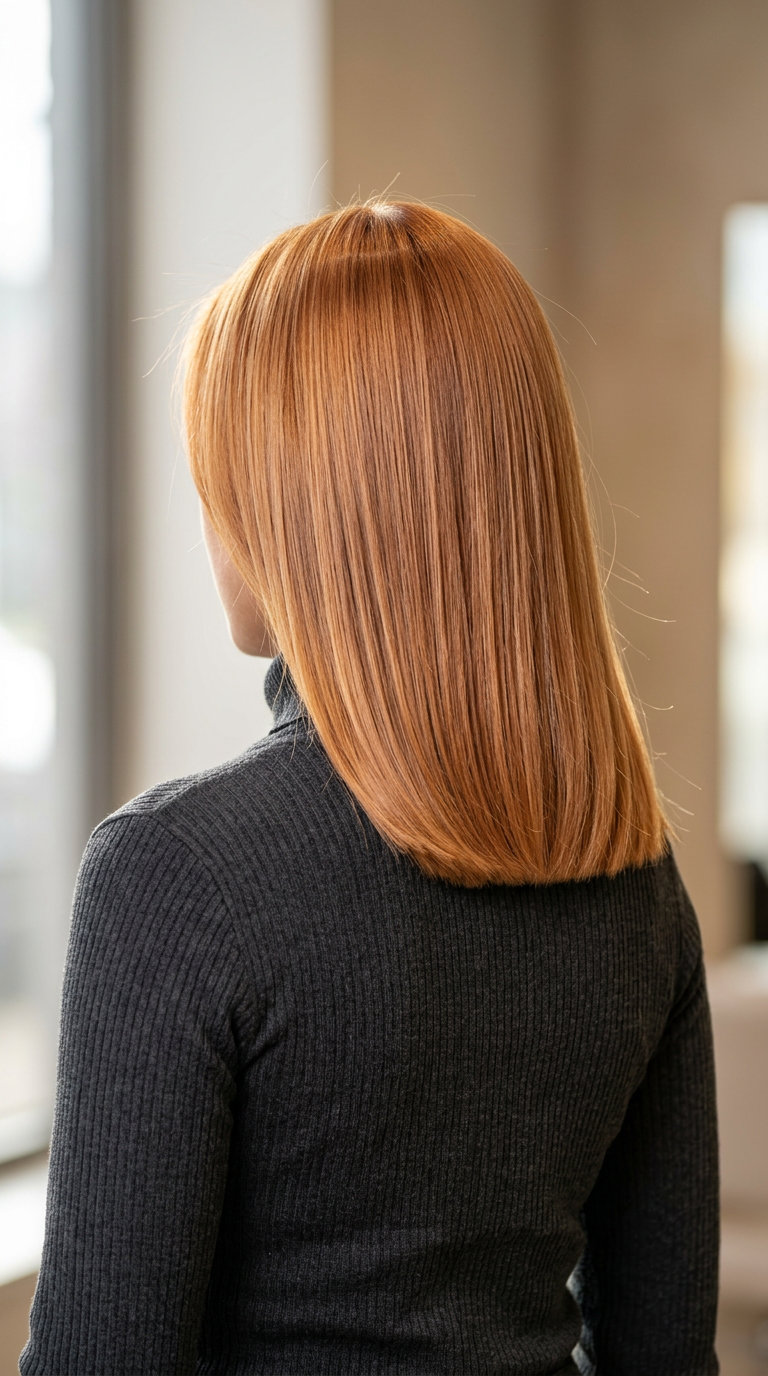 medium copper-blonde blunt cut with high-gloss finish and center part for professional events