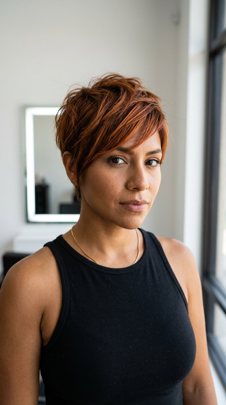 Copper Bronze Pixie Hair Color 2026 Update short razored pixie haircut in copper bronze with textured top for modern minimalist style