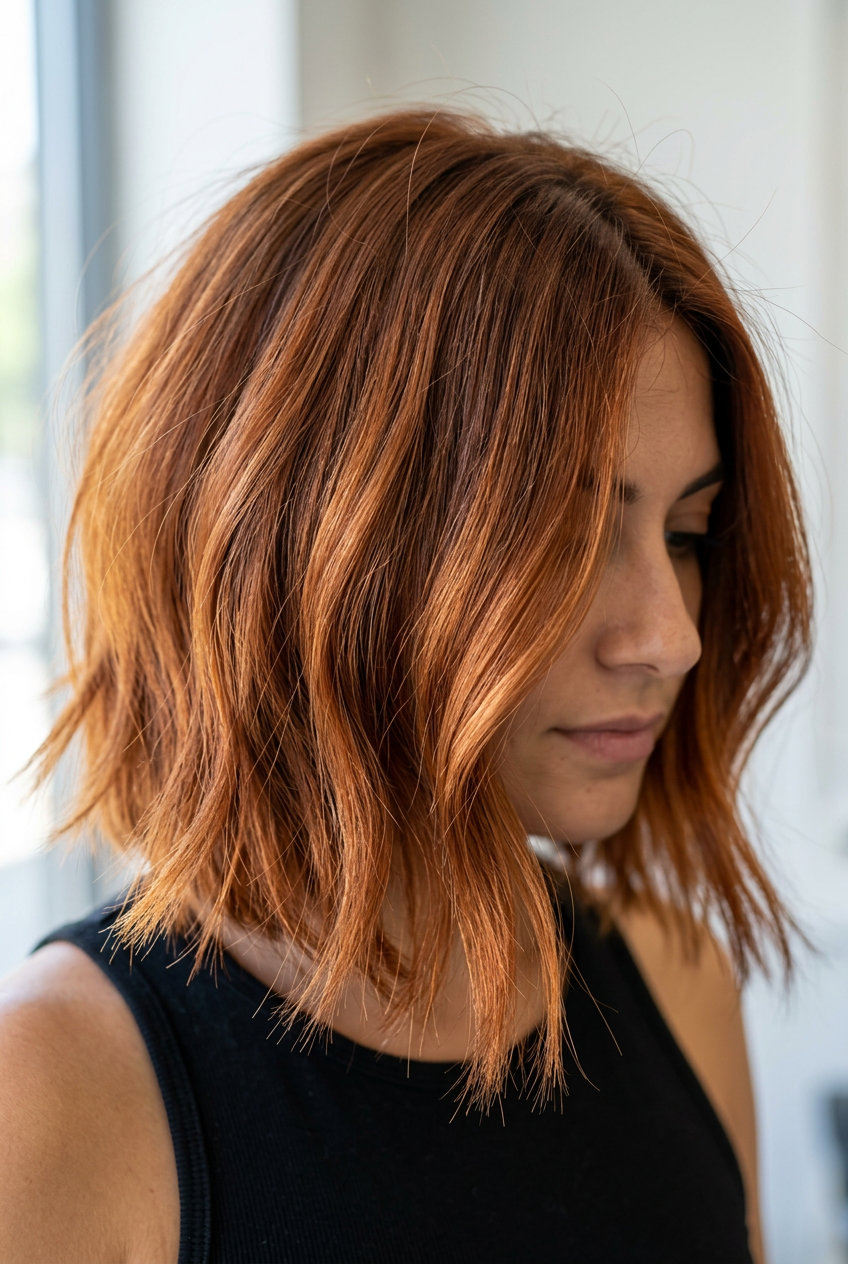 Copper Bronze Bob 2026: Vibrant & Playful shoulder-length copper bronze bob with point-cut ends for playful look