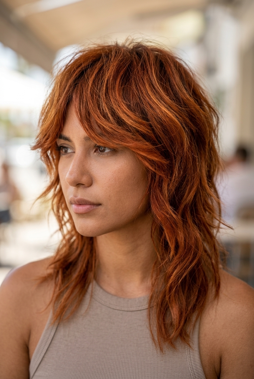 Copper Bronze Wolf Cut 2026: Edgy & Bold shoulder-length copper bronze wolf cut with choppy layers for festival