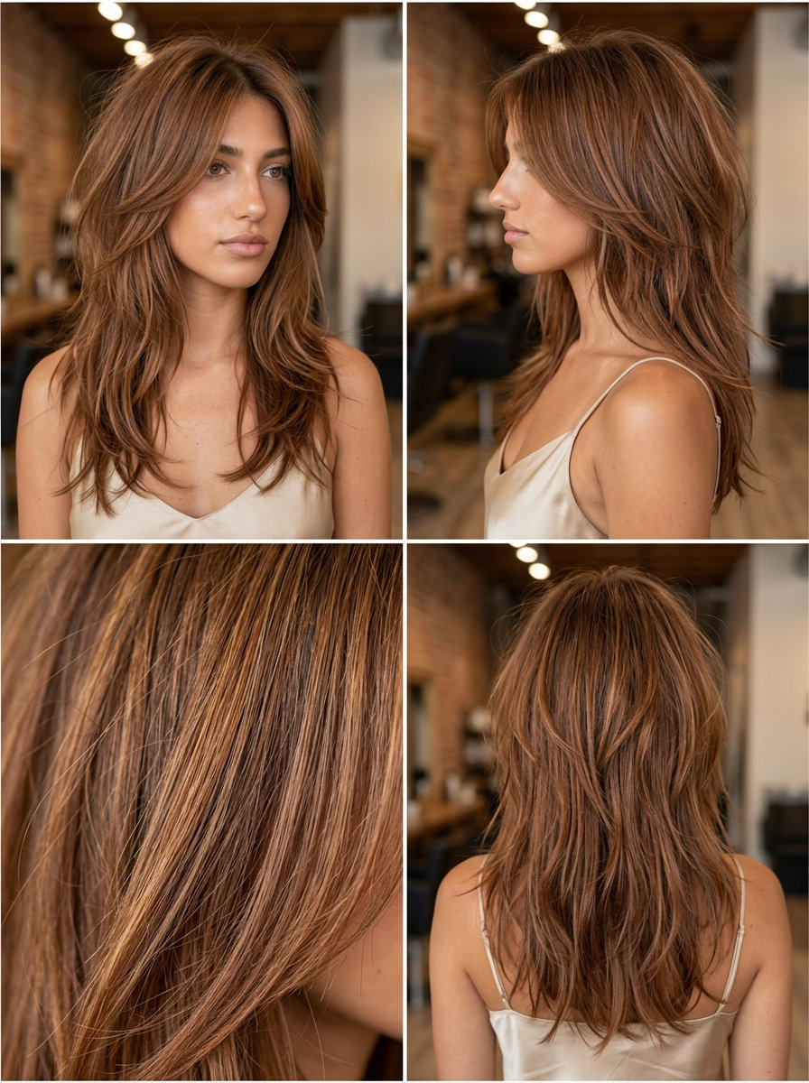 long shag haircut with muted copper, chestnut brown and balayage for textured look