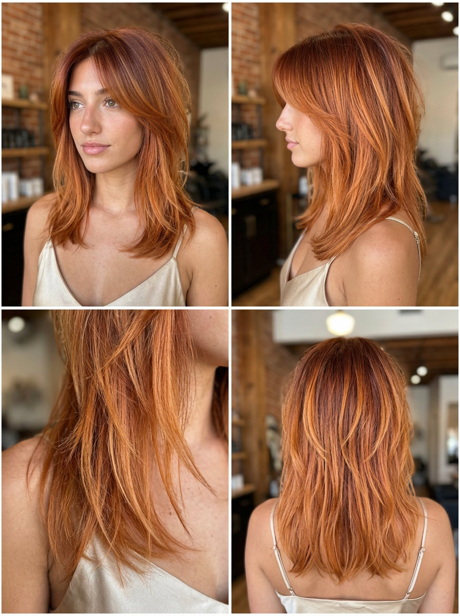Sedona Sunset Collarbone Shag 2026 medium collarbone cut in fiery copper ombré with tangerine ends, bottleneck curtain bangs, shag layers — playful bohemian