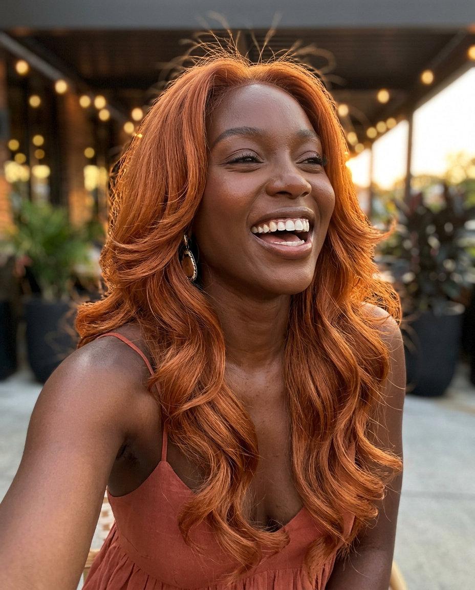 Copper Cascade Waves Hair 2026 long heavily layered haircut in vibrant copper penny with face-framing layers