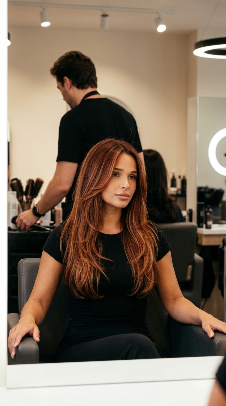 Copper Sunset Long Layers 2026: Tousled Style long layered haircut with copper and red balayage, face-framing layers, point-cut ends — earthy and bohemian