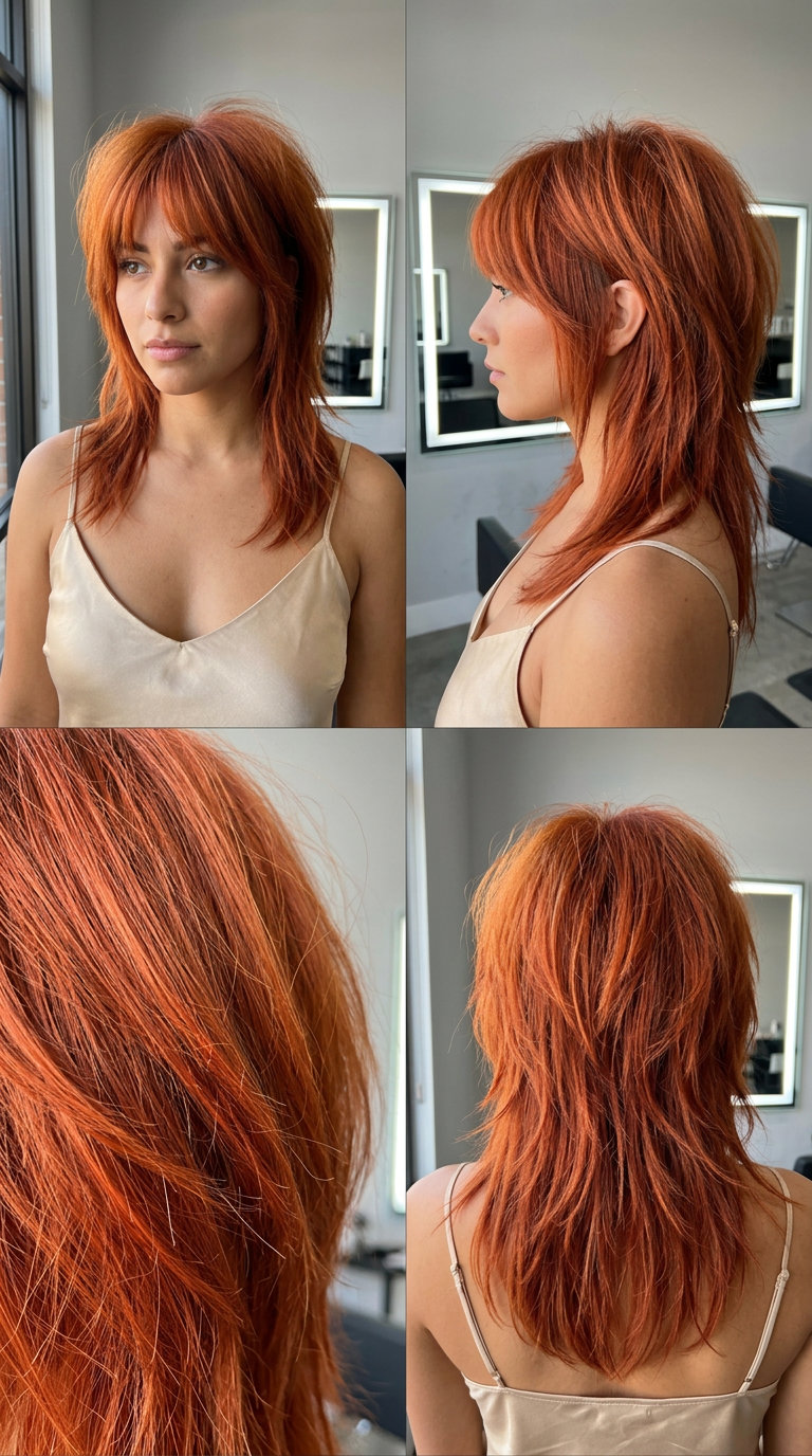 shoulder-length shag haircut with copper red, razored layers and brow-skimming fringe for bold festival wear