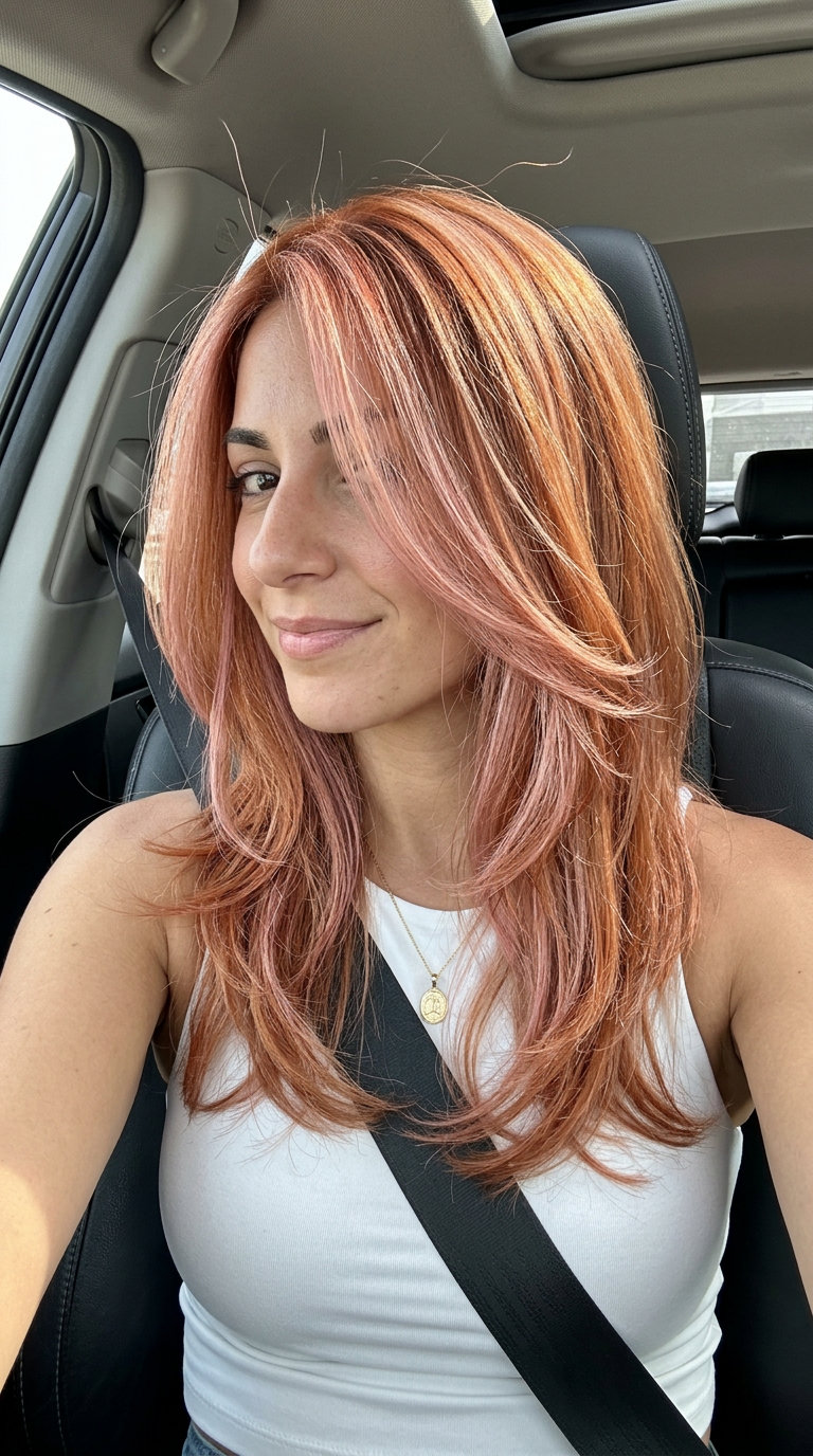 long textured layers copper rose gold highlights with warm copper & soft rose gold, foilyage technique — playful festival look