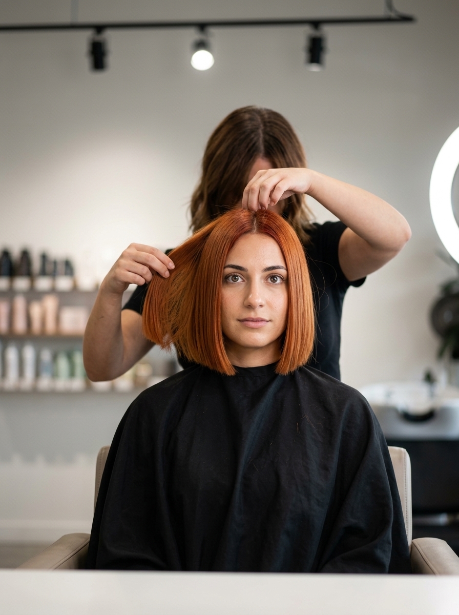 short italian bob haircut with vibrant copper, blunt chunky ends for boldness