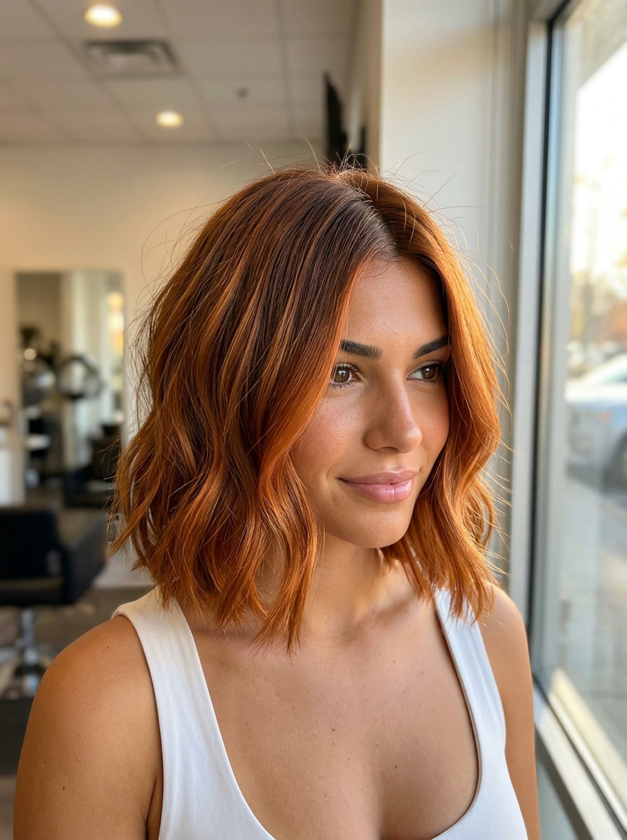 short wavy bob haircut with copper balayage, blunt perimeter for date night