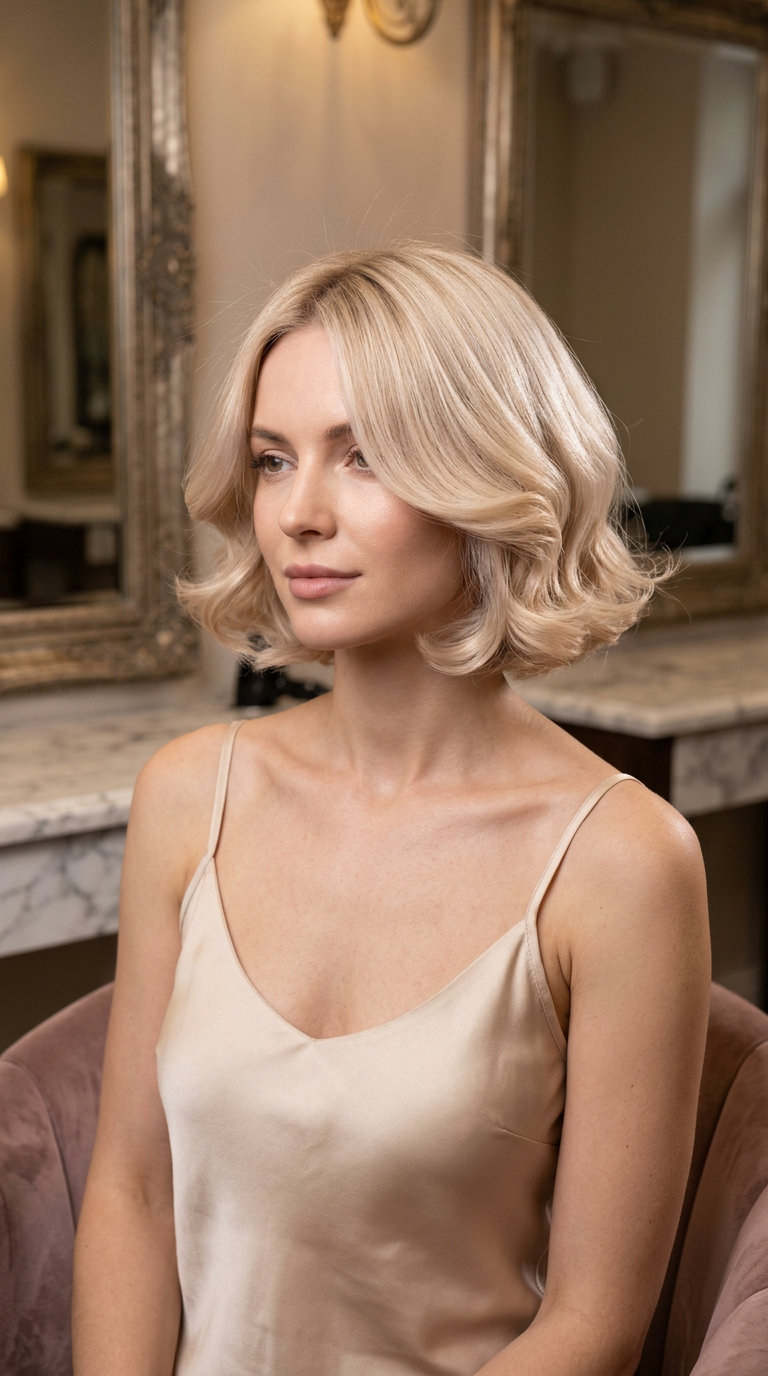 chin-length baroque bob with creamy blonde, pearl-beige and root smudge for glamorous look
