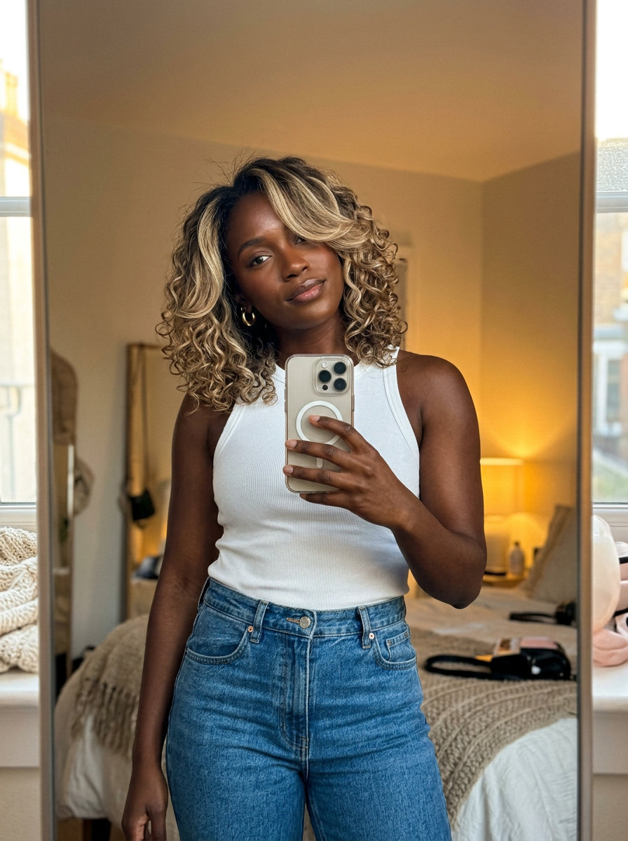 medium-length layered haircut with creamy blonde balayage, point-cut ends for bounce on curls