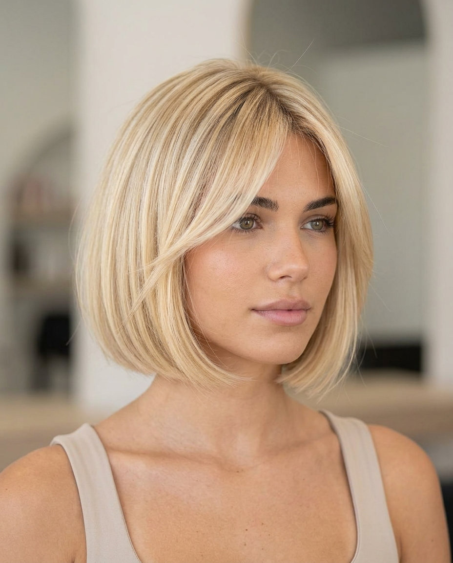 Creamy Blonde French Bob 2026 short french bob haircut in creamy blonde with golden babylights, vanilla root smudge, point-cut perimeter — soft glamorous