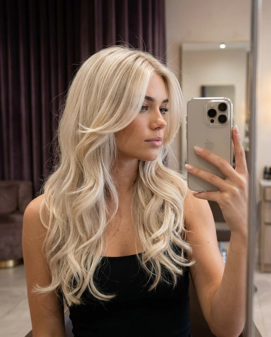 long icy blonde haircut with creamy vanilla undertones, cascading layers, no bangs — glamorous date night