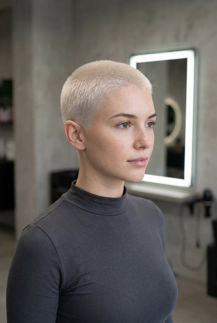 very short icy blonde buzz cut with subtle fade, creamy undertones — bold minimalist look