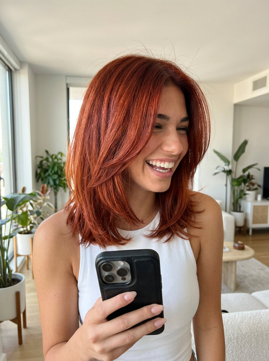 collarbone-length lob crimson auburn with copper undertones, all-over vibrant color, bold and playful