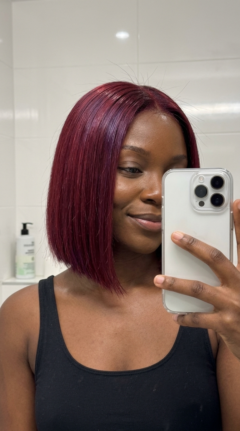 chin-length blunt bob haircut in deep crimson red with violet undertones and point-cut ends for date night