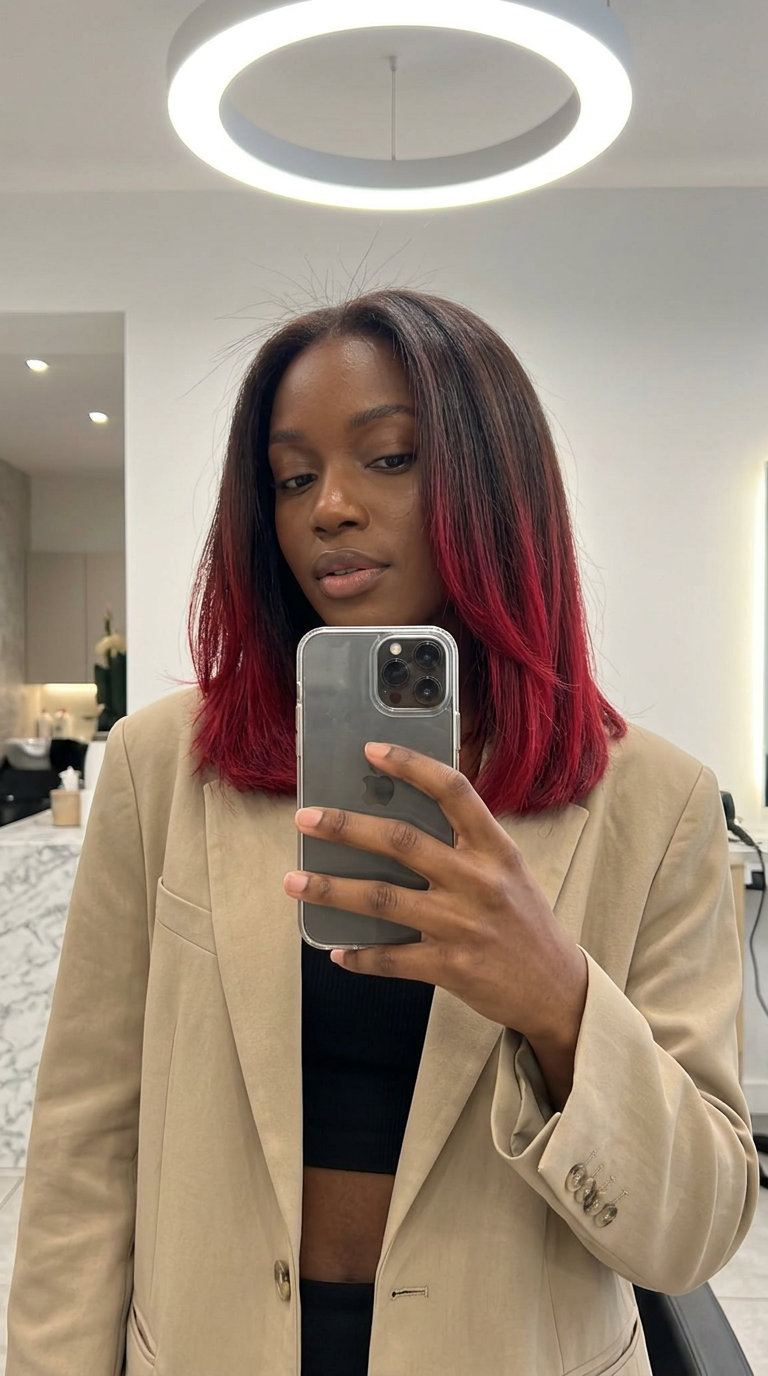 undercut with crimson dip-dye highlights, vibrant crimson red color, dip-dye technique — rebellious festival style