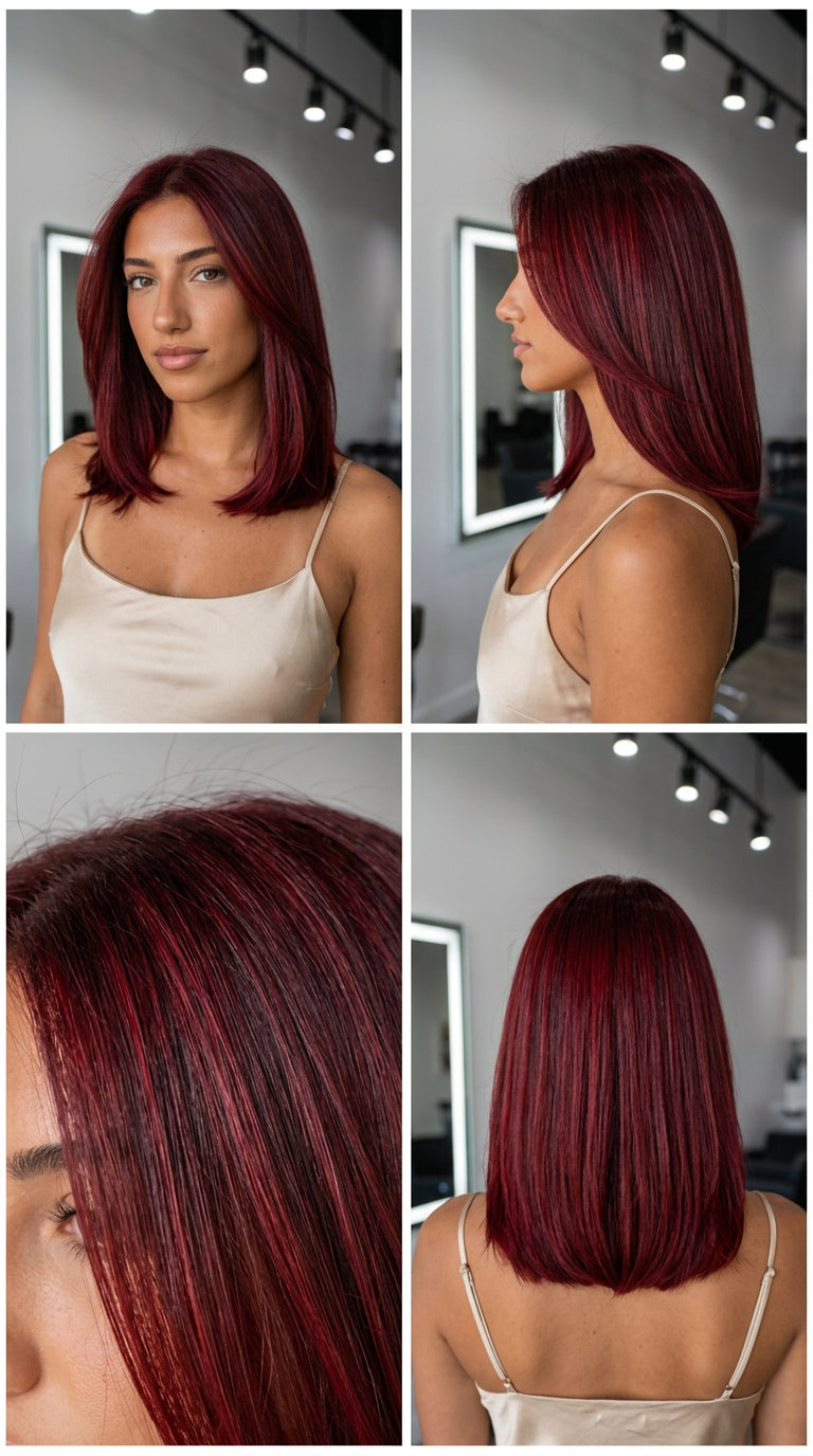long blunt cut crimson highlights with deep crimson & ruby red, babylights technique — bold concert look
