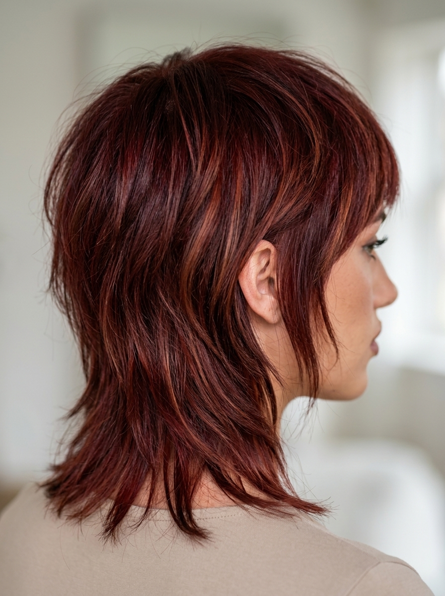 long crimson mullet with ruby balayage and face-framing pieces for sultry