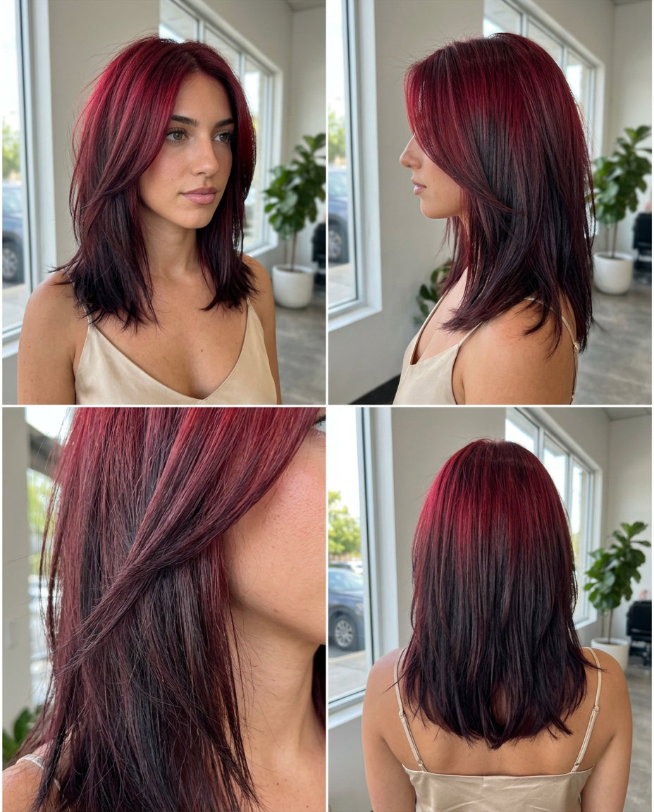 Crimson Color Melt Ombre Hair 2026 long reverse ombre hair color with crimson root, black cherry ends, and razored shag for edgy look