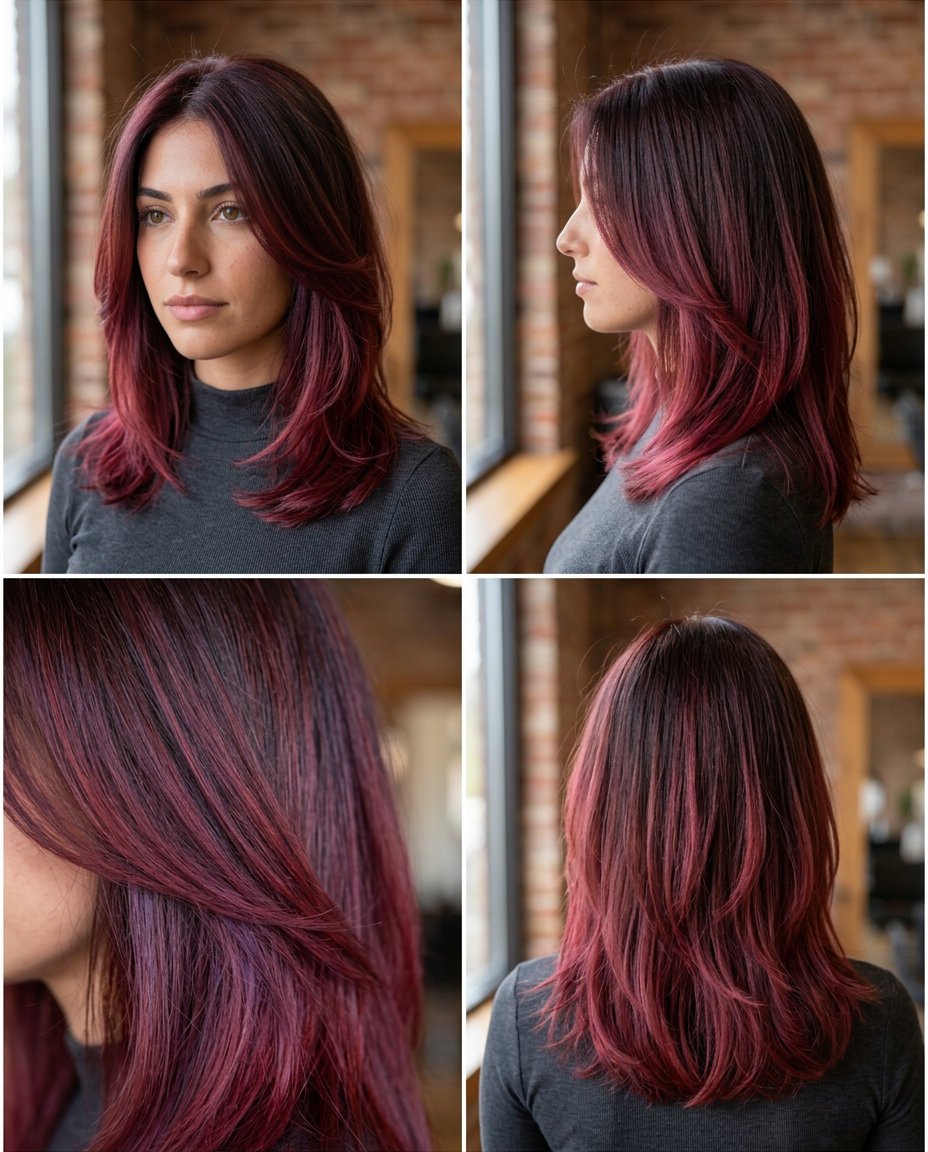 long deep berry-crimson to ruby ombré with soft blend and no fringe for modern look