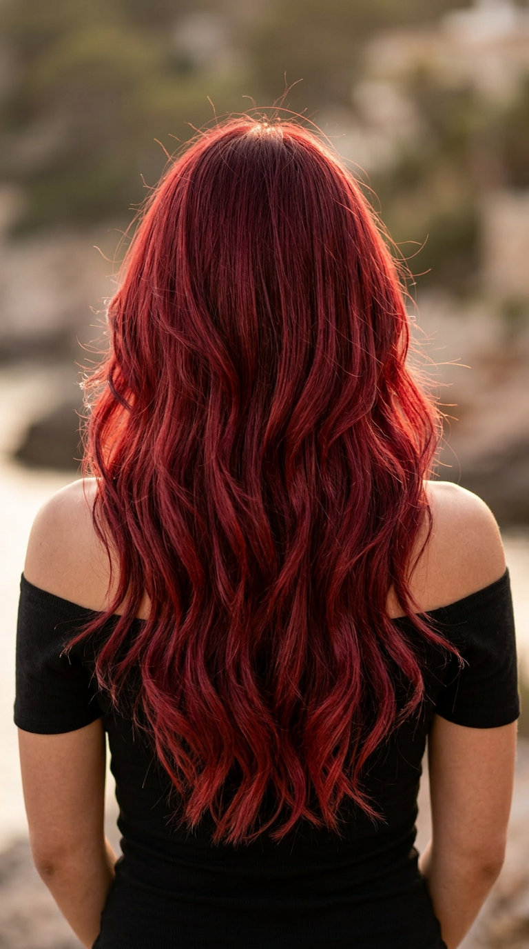 Crimson Red Cascading Layers 2026 long cascading layered haircut in vibrant crimson red, soft V-cut back — edgy, bold