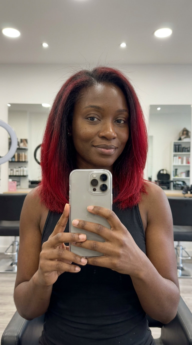 Crimson Red Dip-Dye Hair Color 2026 long natural dark brown haircut with crimson red dip-dye, vivid ends — edgy rebellious style