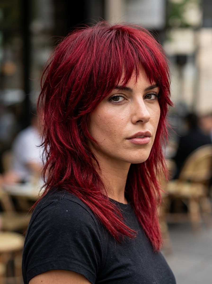 medium shullet haircut with crimson red, choppy textured layers for concerts