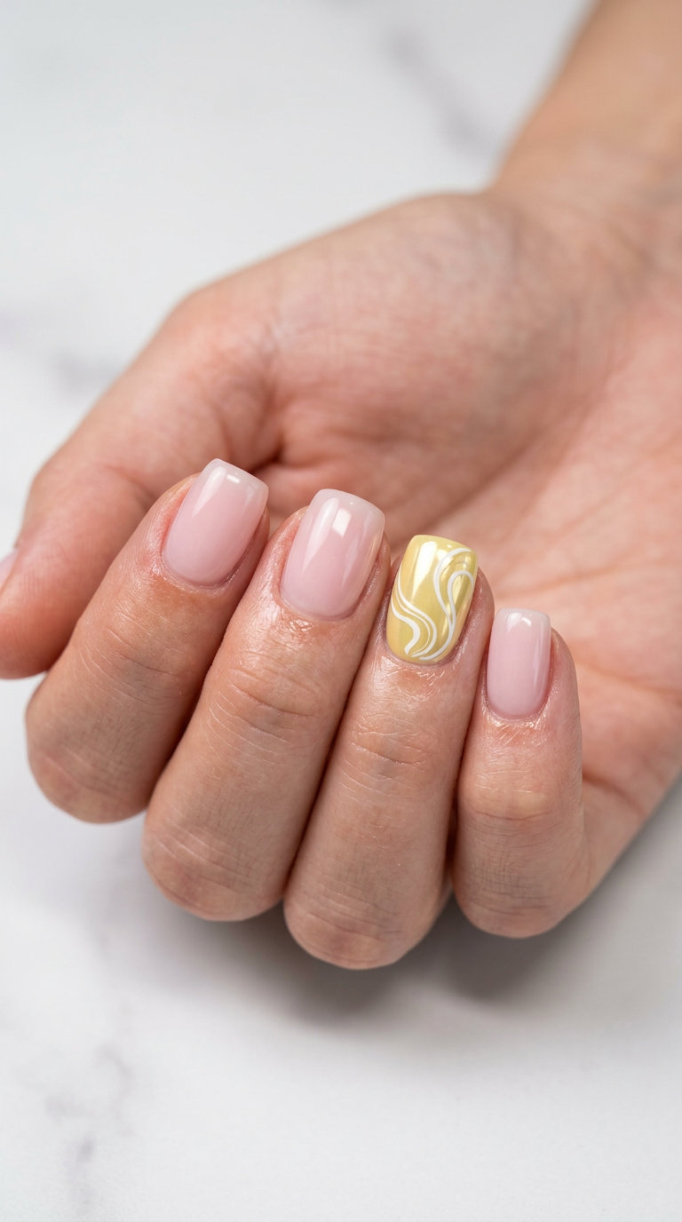 Cute summer nails 2026: Playful Butter Yellow Chrome Accent Swirl for brunch and vacation.