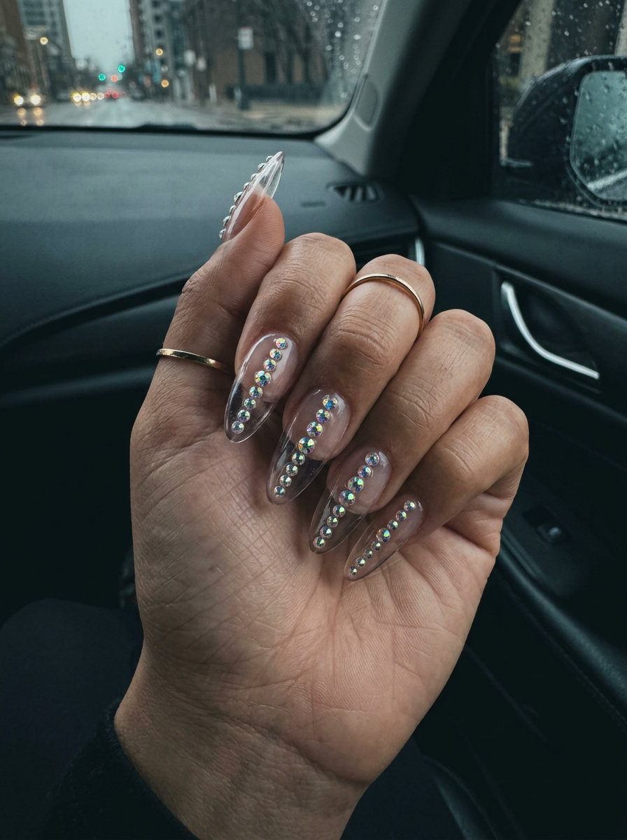 Cute summer nails 2026: Crystal clear stiletto nails with iridescent rhinestone cascade for a glamorous wedding look.
