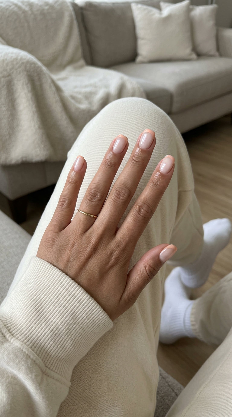 Cute summer nails 2026: Glowy Peach French Tip. Chic sheer nude nails with subtle peach shimmer French tips for daily wear and work.