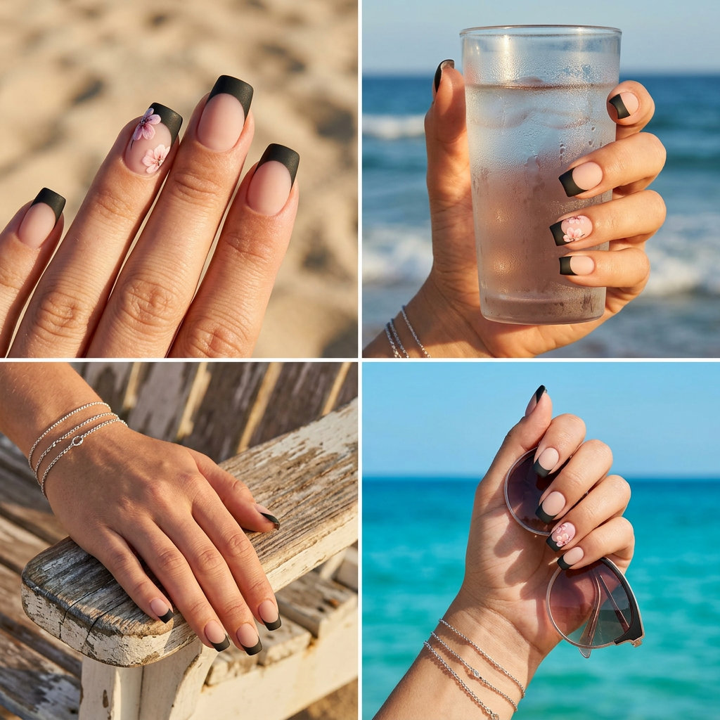Cute summer nails 2026: Matte black reverse French tip on nude coffin nails with a soft pink floral accent.