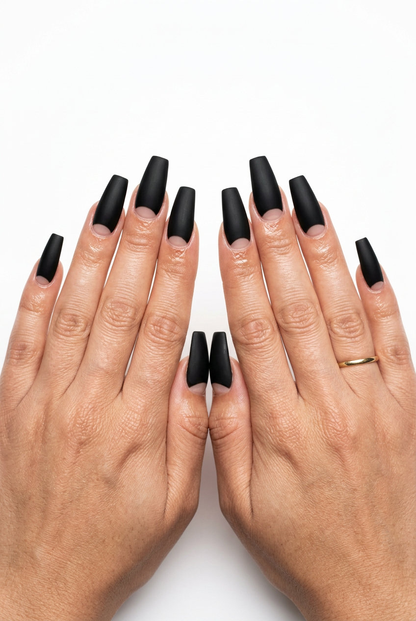 Cute summer nails 2026: Midnight moon reverse French on almond nails for date nights and casual outings. Edgy.