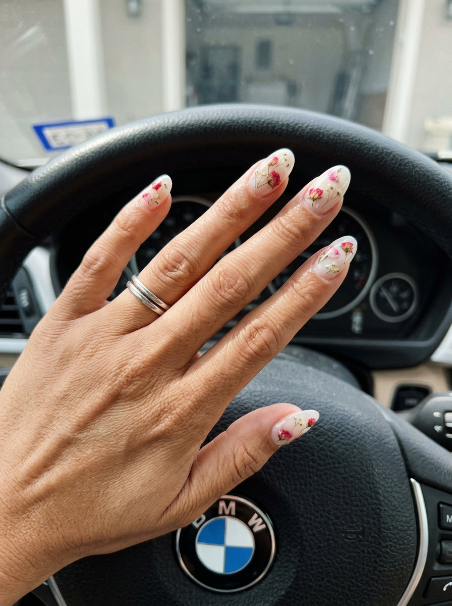 Cute summer nails 2026: Nude milk bath with dried roses encapsulated in milky white builder gel for a romantic bridal look.