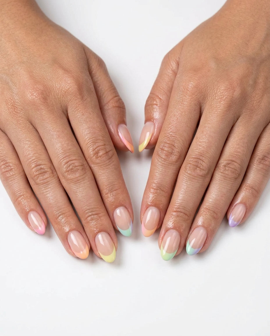 Cute summer nails 2026: Pastel rainbow micro French fade on sheer natural base for a whimsical vacation look.