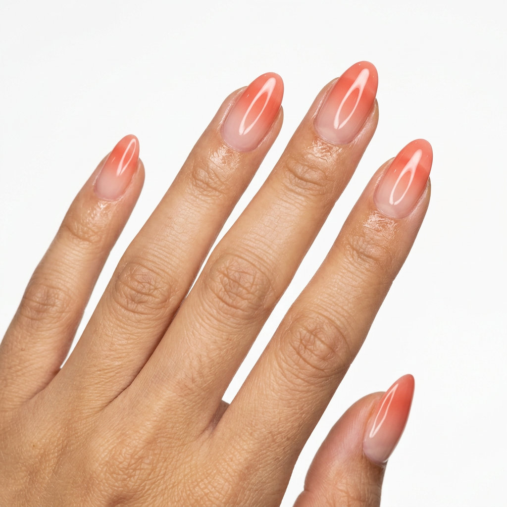 Cute summer nails 2026: Sheer coral ombre jelly on medium almond nails for a glowy, effortless vacation look.