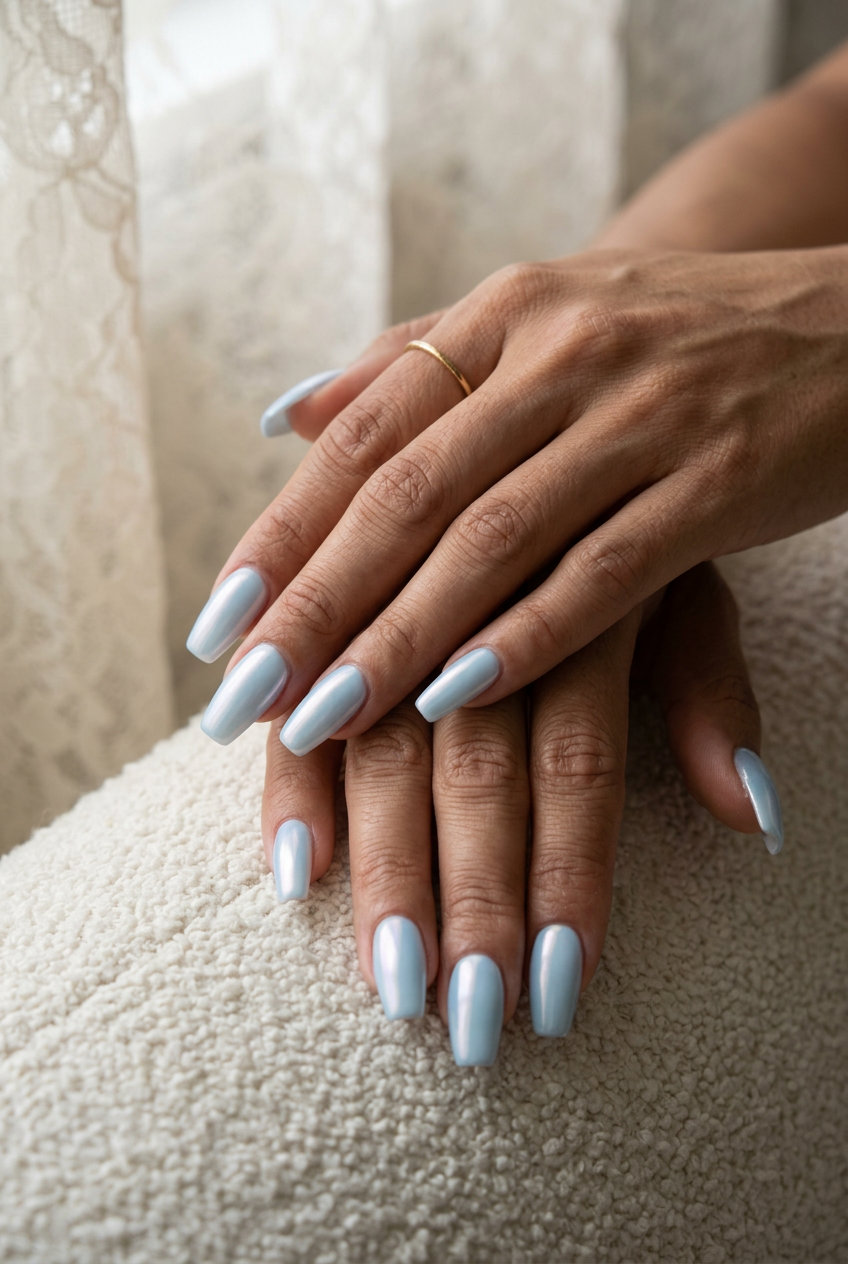 Cute summer nails 2026: Sky blue glazed donut coffin nails for weddings and date nights. Dreamy.