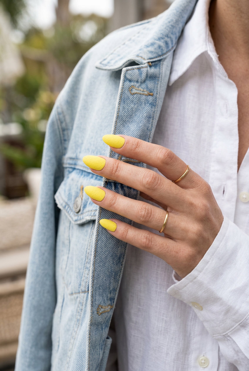 Cute summer nails 2026: Textured lemon zest gel polish on short squoval nails for a playful, cheerful summer party look.