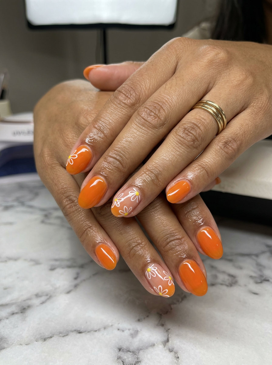 Cute summer nails 2026: White daisy negative space on squoval nails for picnics and brunch. Whimsical.