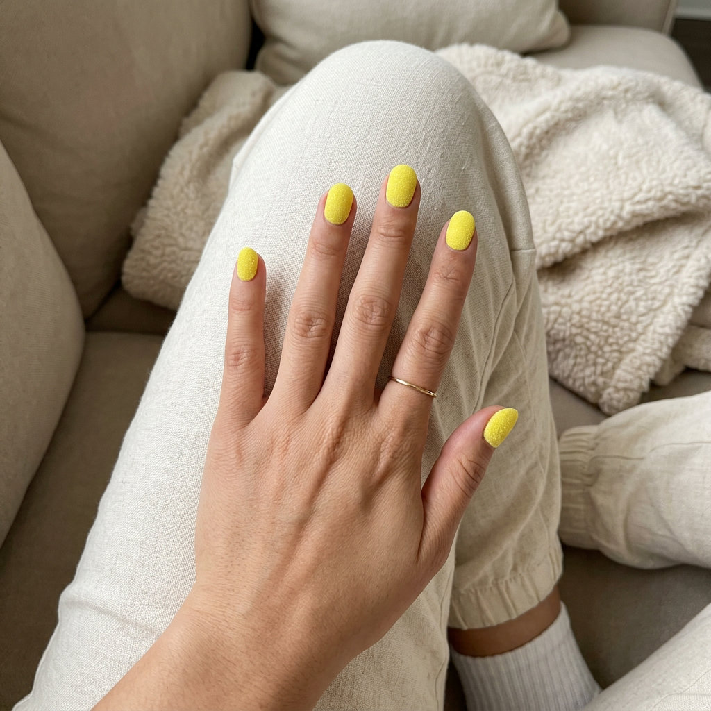 Cute summer nails 2026: Zesty Lemon Zest Squoval with textured bright yellow polish for casual outings.