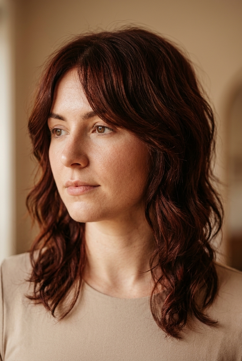 long dark auburn mullet with wavy texture and curtain bangs