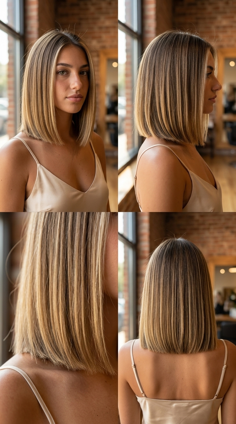 shoulder-length blunt bob haircut with natural dark blonde, subtle babylights, no fringe for minimalist sophistication