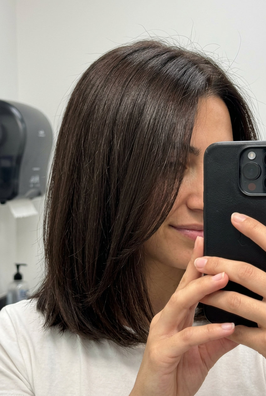 Dark Chocolate Gloss Bob 2026 blunt bob haircut with dark chocolate all-over gloss and high-shine finish for daily wear