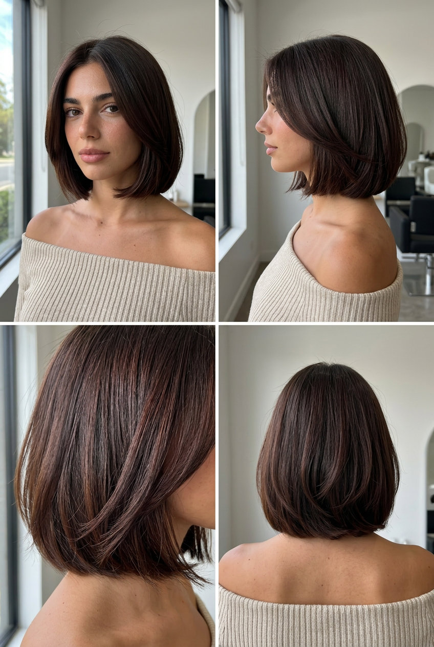 short italian bob haircut with rich dark chocolate & mahogany undertones, blunt perimeter for sophistication