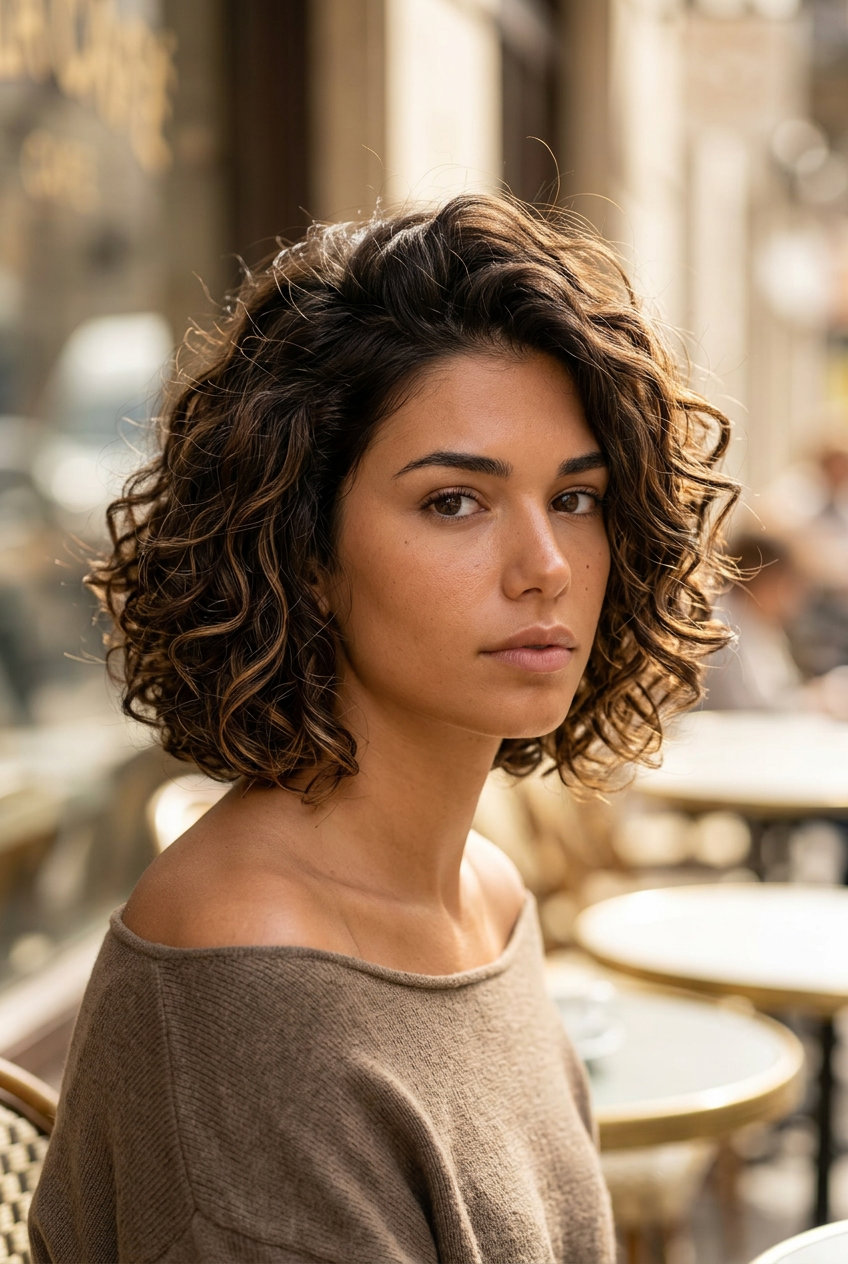 short italian bob haircut with warm dark chocolate & caramel highlights, dry-cut textured layers for summer