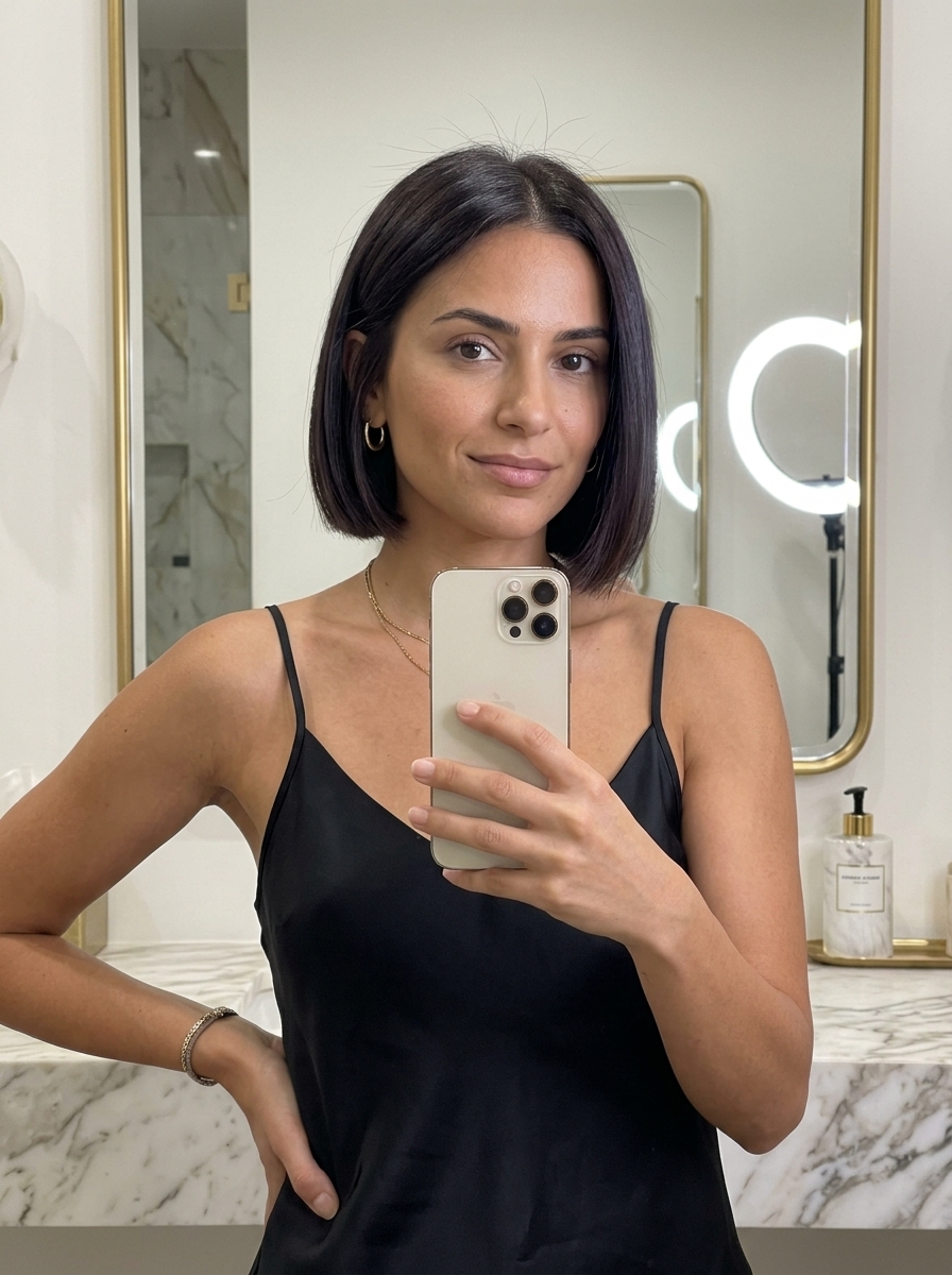 short italian bob haircut in dark chocolate brunette with cool undertones, blunt cut, no fringe — sophisticated luxurious