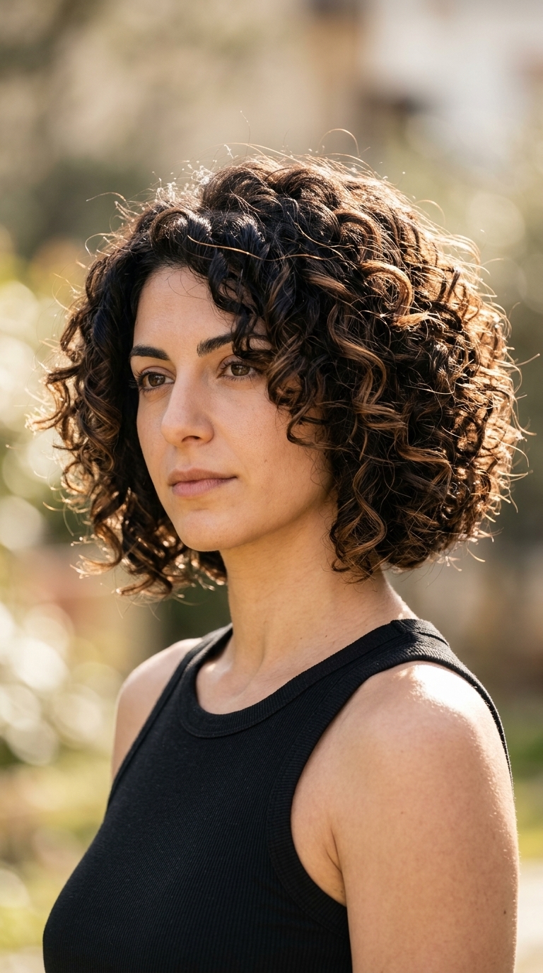 short italian bob haircut in dark chocolate with caramel lowlights, internal layers, no fringe — natural voluminous